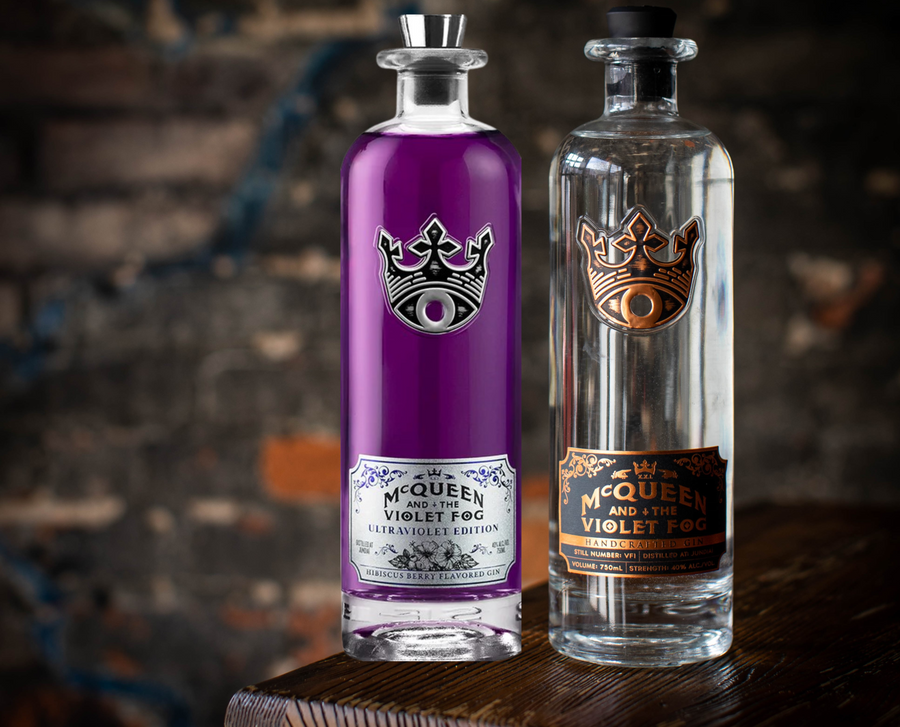Mcqueen And The Violet Fog Gin Combo 750ml two bottles with violet and clear botanicals bottle design