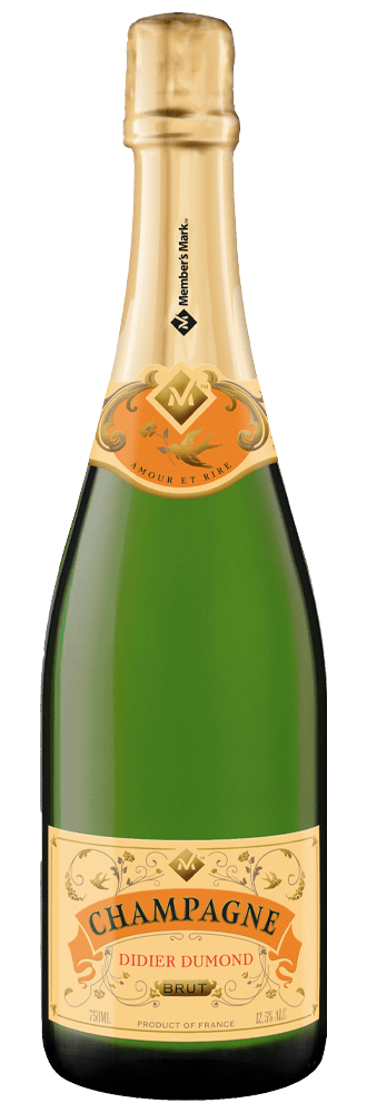 Member's Mark Champ Brut Dumont 750 ML sparkling wine bottle with elegant label and bubbles