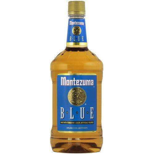 Montezuma Blue Tequila 1L bottle with blue label and gold cap, 40% alcohol content, smooth flavorful blue agave tequila
