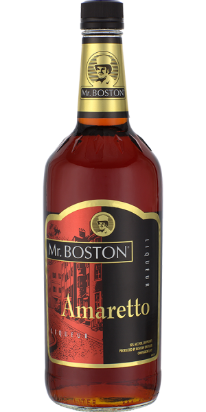 Mr. Boston Amaretto 1 L bottle with almond-flavored liqueur and amber color