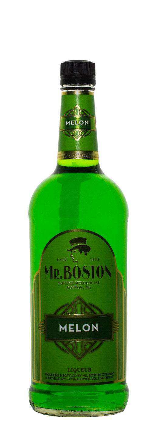 Mr. Boston Melon Liqueur 1L bright green bottle with juicy melon flavor for cocktails