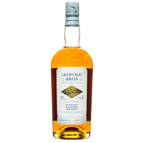 Leopold Bros. 5 Years Old Bottled in Bond Straight Bourbon Whiskey 750ML bottle with golden amber liquid