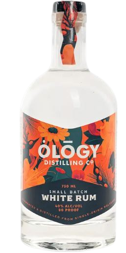 Ology Silver Rum 750ml bottle with vibrant floral label, small batch white rum with 40% alcohol content