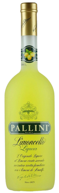 Pallini Limoncello Liqueur 1L bottle with Amalfi Coast lemons and gold cap