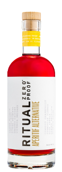 Ritual Zero Proof Aperitif non-alcoholic spirit bottle with vibrant red color and natural botanical flavors