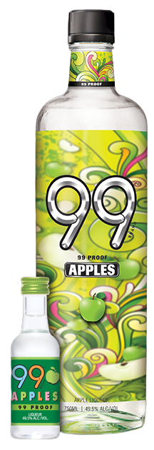 99 Brand Apples Liqueur 750 ML bottle with colorful label design.