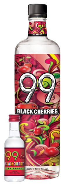 99 Brand Black Cherries Liqueur 750ML bottle with colorful cherry design, high-proof fruity liqueur.