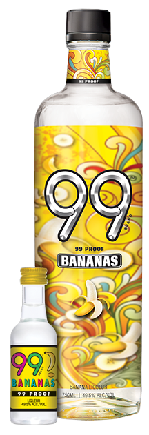 99 Brand Bananas Liqueur 750 ML bottle with vibrant banana-themed artwork.