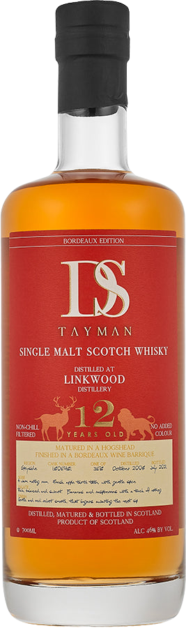 DS Tayman 12 Year Old Linkwood Single Malt Scotch Whisky bottle, second edition, 750 ml.