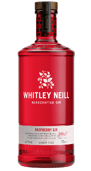 Whitley Neill Raspberry Gin 750 ML bottle, featuring juniper, coriander, and Scottish raspberry flavors.