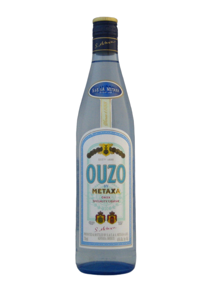 Metaxa Ouzo Liqueur 750 ML bottle with a Mediterranean botanical label.