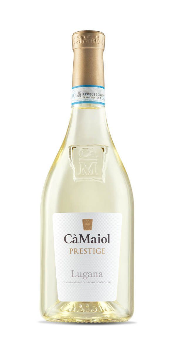 Ca Maiol Prestige Lugana 750 ML wine bottle with gold foil and embossed label.
