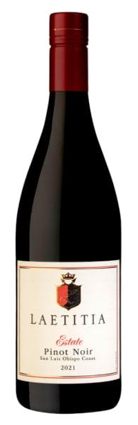 Laetitia Estate Pinot Noir 2021 bottle with red cap and label featuring the winery's crest.