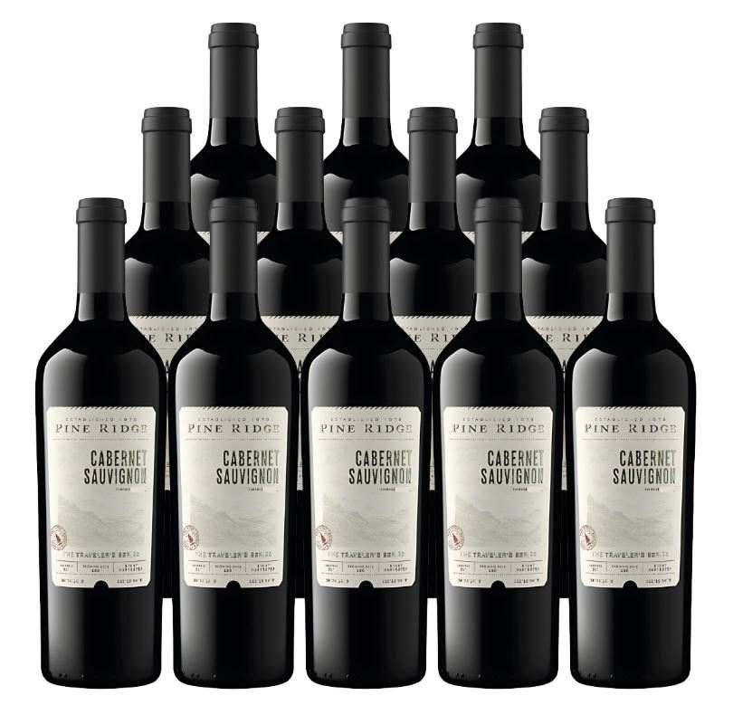 Twelve 750ml bottles of Pine Ridge The Traveler's Series Cabernet Sauvignon 2022 red wine with bold fruit and oak flavors
