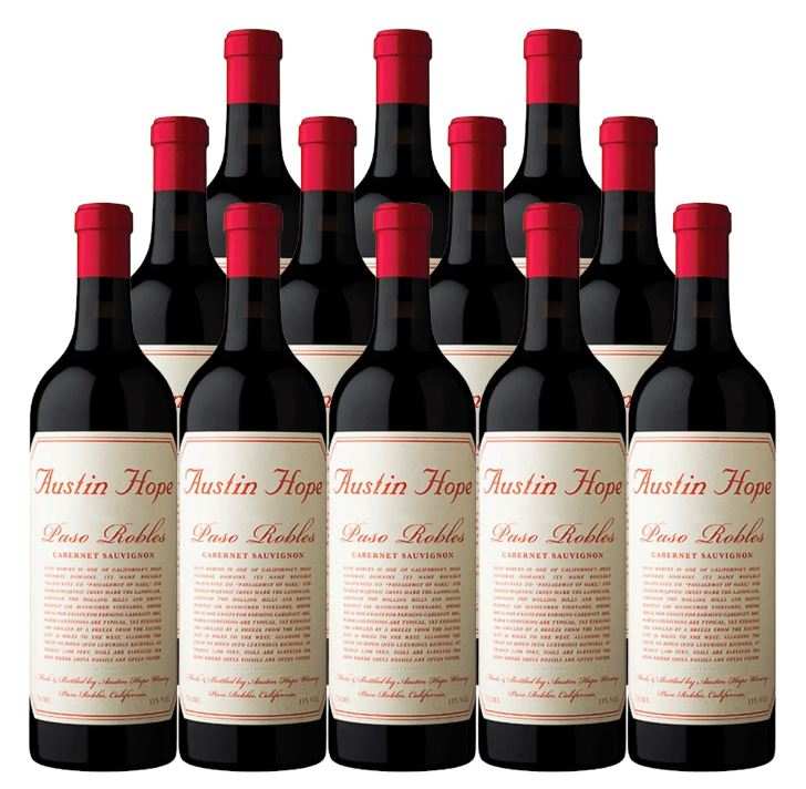 Austin Hope Cabernet Sauvignon 2023 1L bottles arranged in a pack of 12 with red caps and classic labels