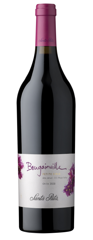 Santa Rita Bougainville Petite Sirah 2020 wine bottle, 750 ML, with vibrant label design.