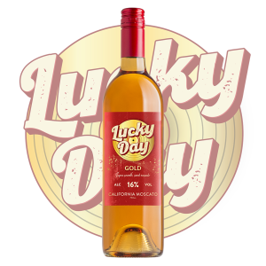 Lucky Day Gold Moscato 750 ML wine bottle with festive label featuring peach and mango notes.