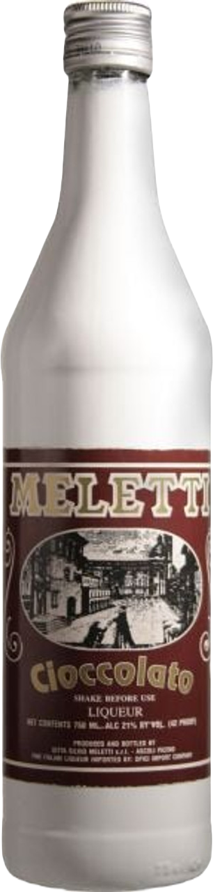 Meletti Cioccolato liqueur bottle, 750 ML, cocoa-based drink.