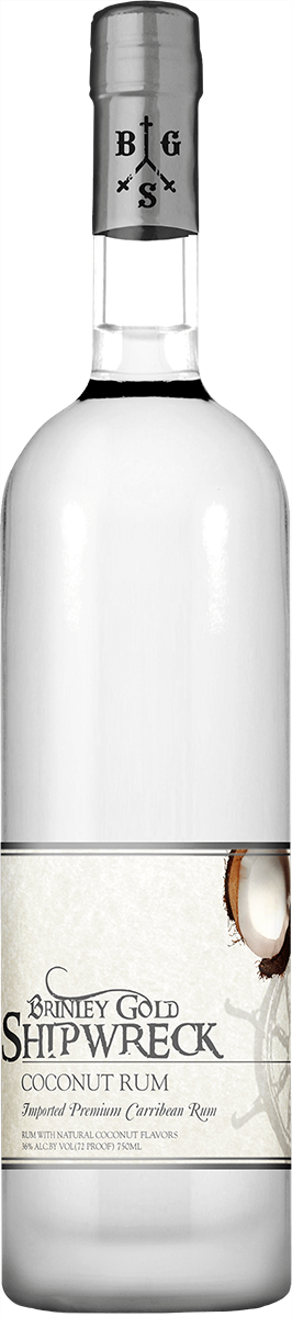 Brinley Gold Shipwreck Coconut Rum 750 ML bottle with tropical coconut design.