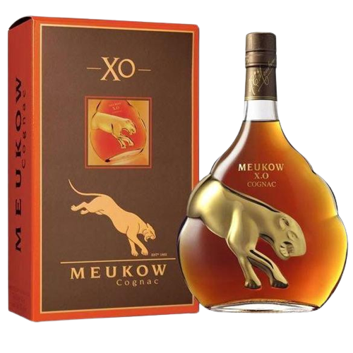 Meukow Cognac XO 750 ML bottle with panther carafe next to its box.