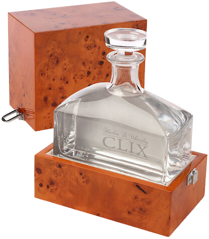 HDW Clix Vodka in lead-free crystal decanter with handcrafted burl wood case.