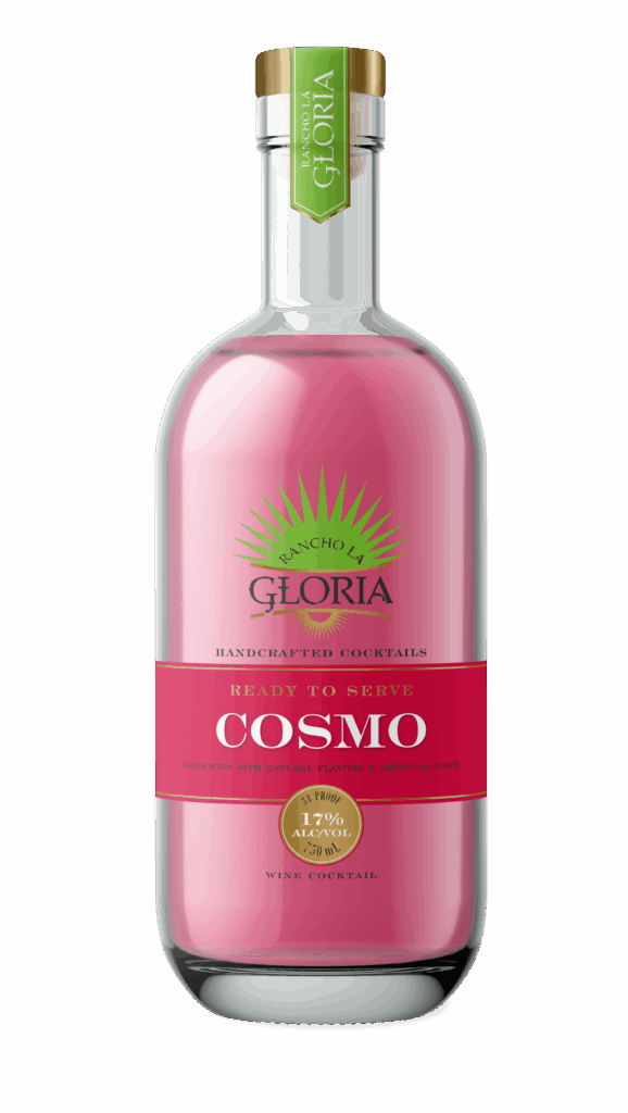Rancho La Gloria Cosmo 750 ML bottle with vibrant pink ready-to-drink cocktail and citrus garnish