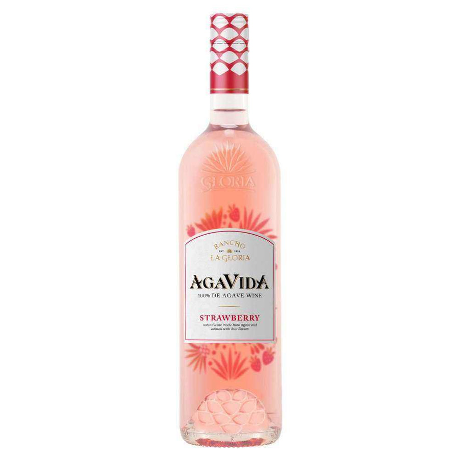 Rancho La Gloria Agavida Strawberry 750 ML bottle with pink floral design, ready-to-drink agave wine.