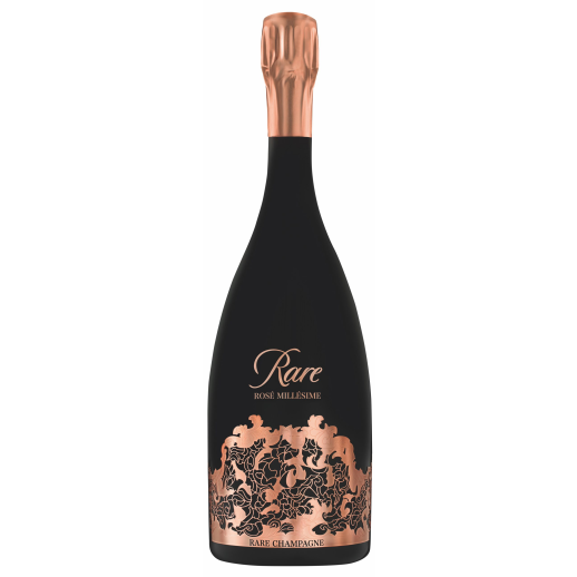 Rare Brut Rose Millesime 2014 luxury vintage Champagne bottle with elegant black and rose gold design