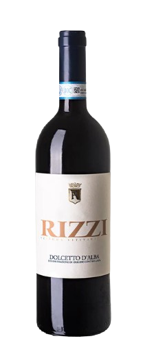 Bottle of Rizzi Dolcetto D'Alba 2019 red wine from Piedmont with black cherry and violet notes