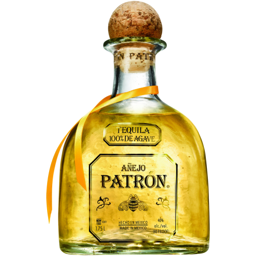 Patron Tequila Anejo 1.75L bottle with cork and ribbon.