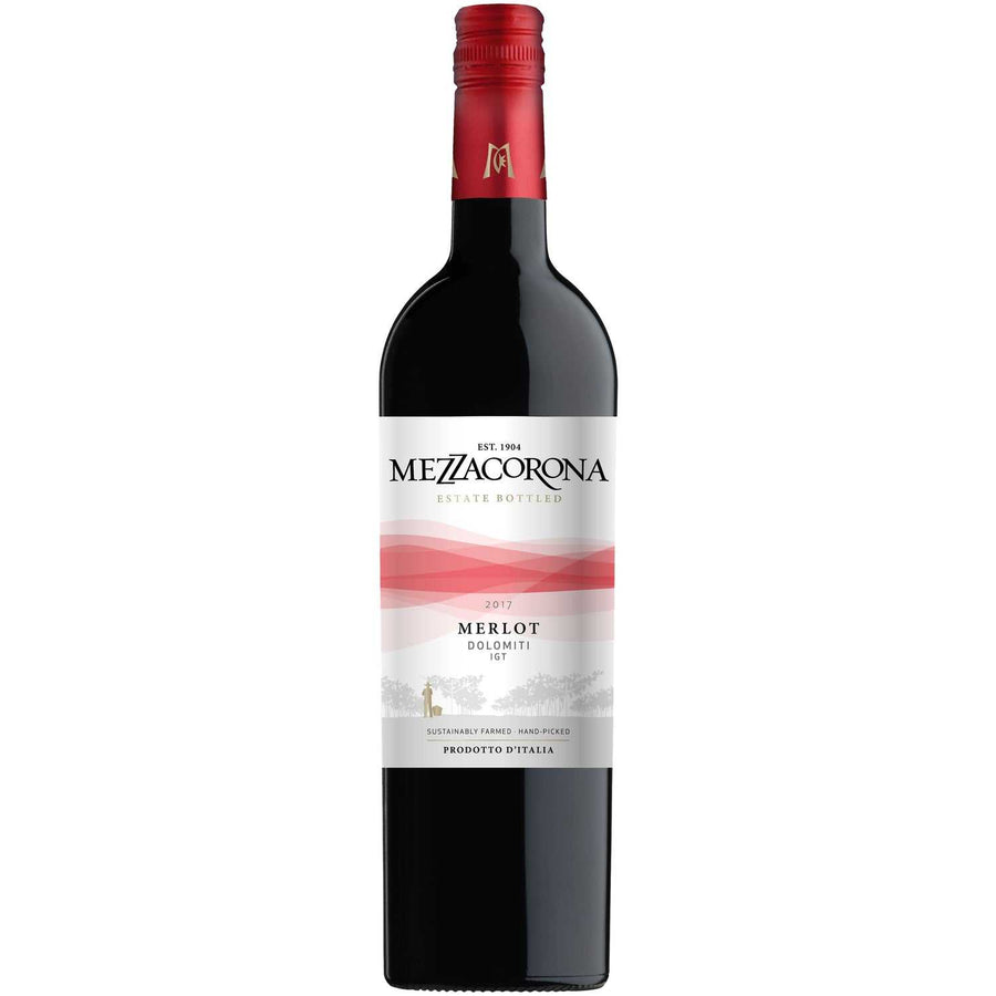 Mezzacorona Merlot Vigneti Delle Dolomiti 750ML bottle of Italian red wine with grape cluster and wine glass