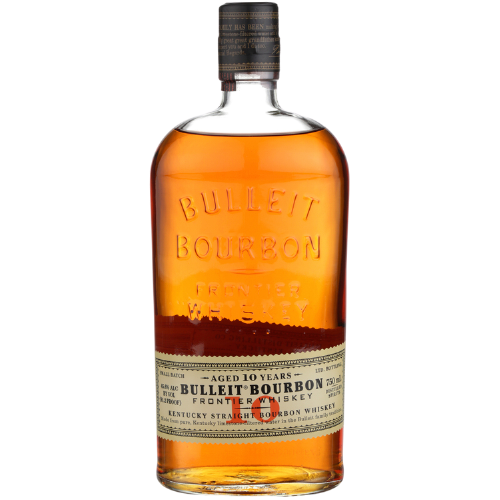 Bulleit Straight Bourbon 10 Year Whiskey 750ml bottle with rich amber color.