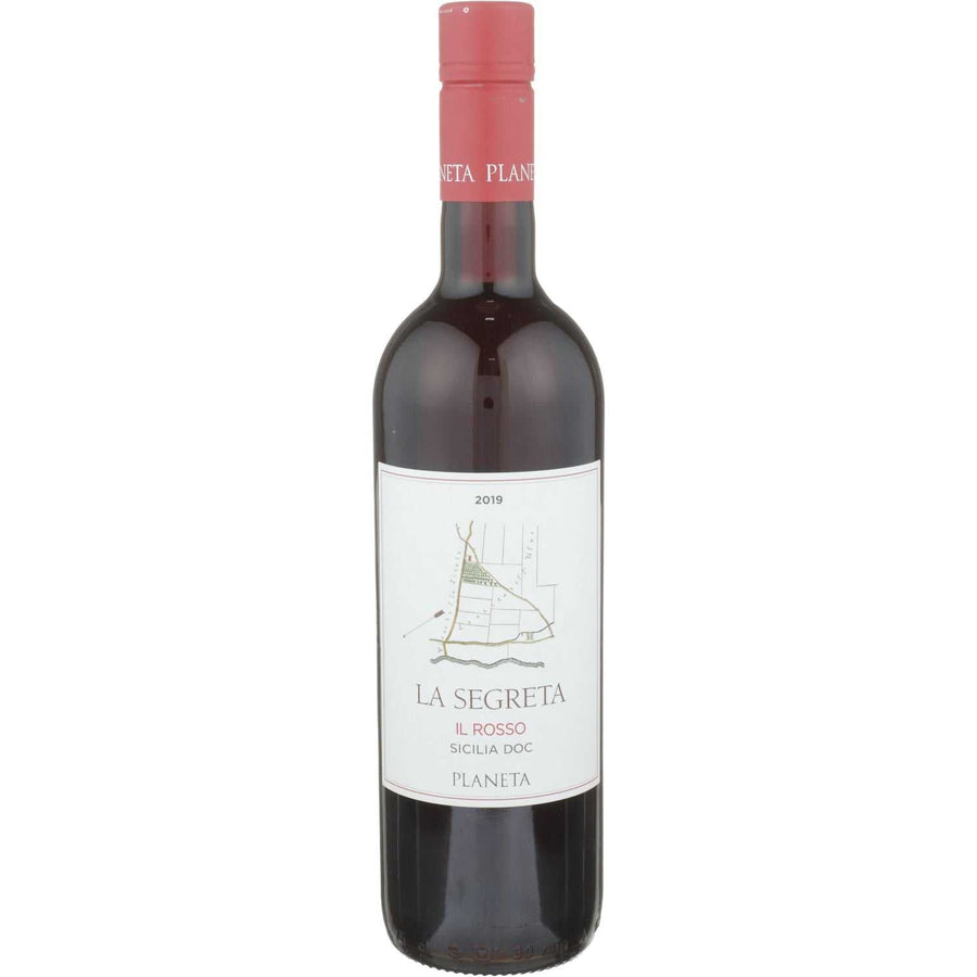 Bottle of Planeta La Segreta Il Rosso Sicilia 2019 red wine from Sicily with rich fruits and spices aroma
