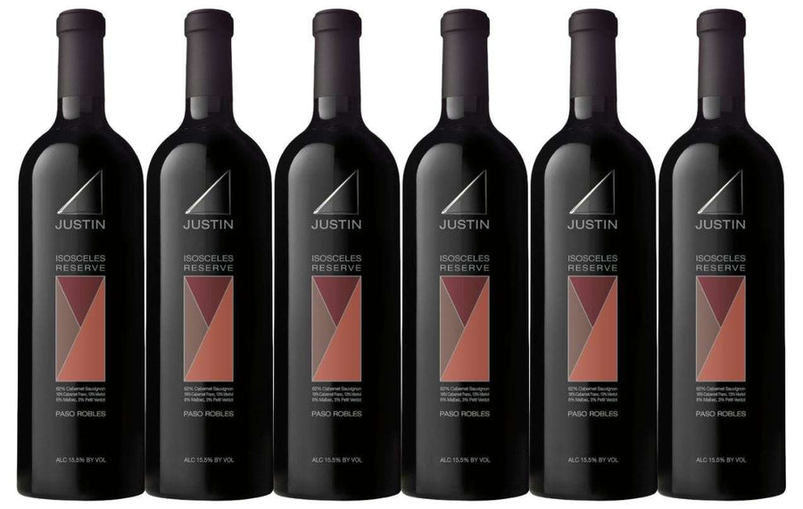 Six bottles of Justin Red Wine Isosceles Reserve Paso Robles 2017 with black labels and red geometric design