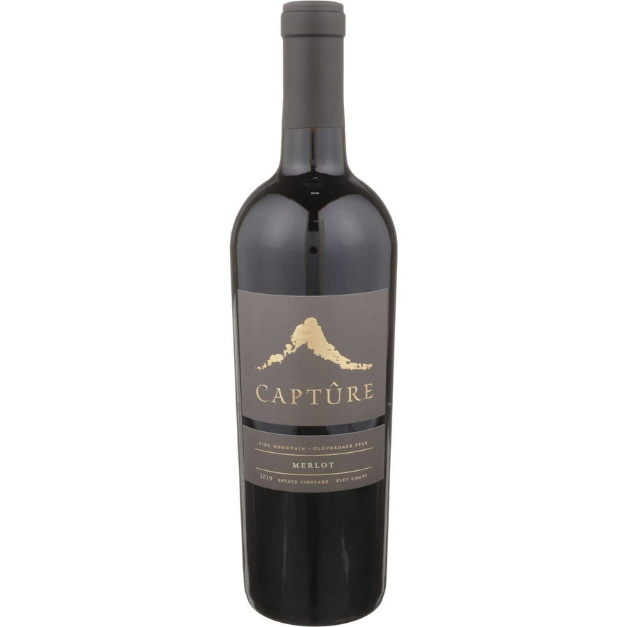 Bottle of Capture Merlot Pine Mountain-Cloverdale Peak 2019 red wine with deep ruby color