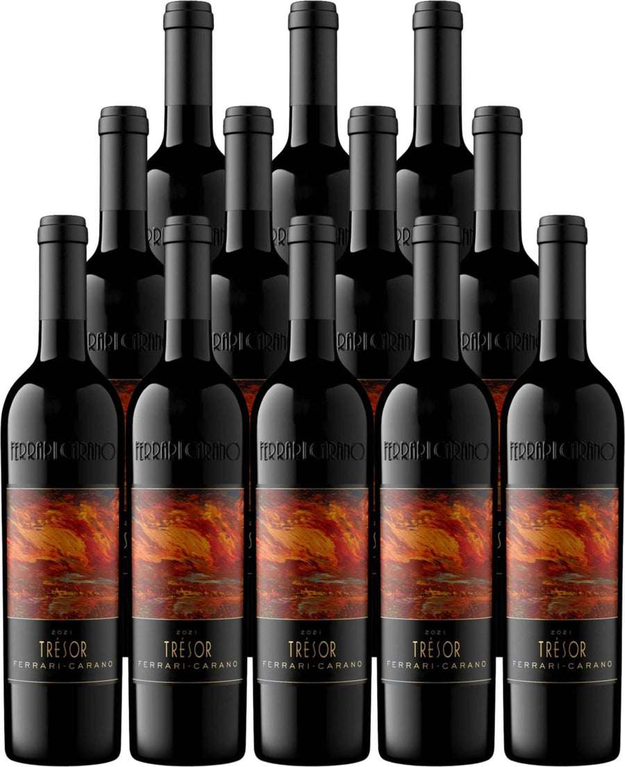 Twelve bottles of Ferrari Carano Red Wine Tresor Sonoma County 2021 750 ML with red and orange label design