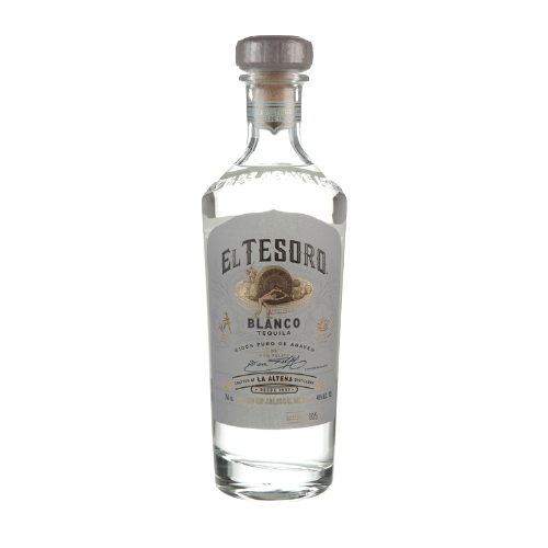 El Tesoro Tequila Blanco 750 ML bottle with silver label and cork top.