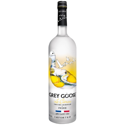 Grey Goose Citrus Flavored Vodka Le Citron 1L bottle with lemon design.