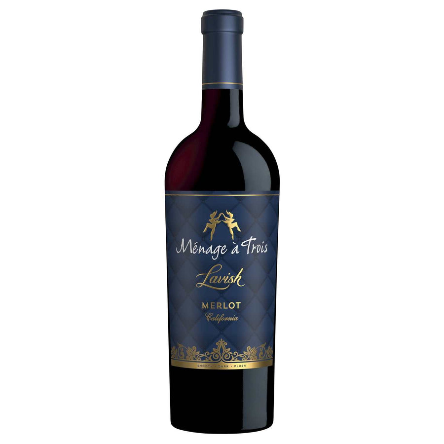 Menage A Trois Merlot Lavish California 750 ML bottle with rich red wine and elegant label