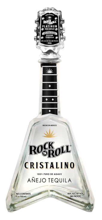 Rock N Roll Tequila Anejo Cristalino 750ML bottle shaped like a guitar.