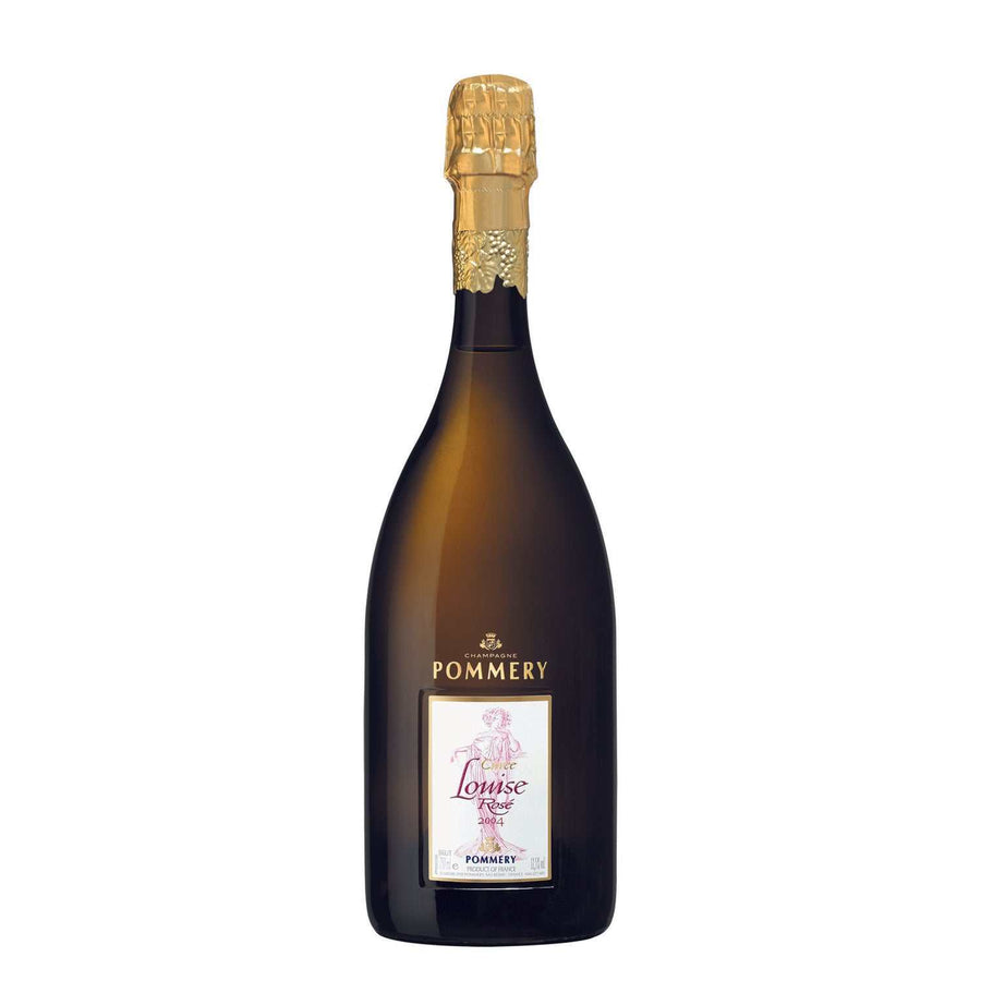 Bottle of Pommery Champagne Brut Rosé Cuvée Louise 2004 with elegant label and gold foil top