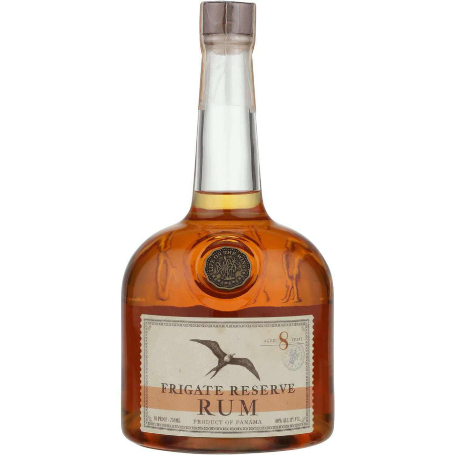 Frigate Reserve Aged Rum 8 Year bottle with amber color and label detailing.