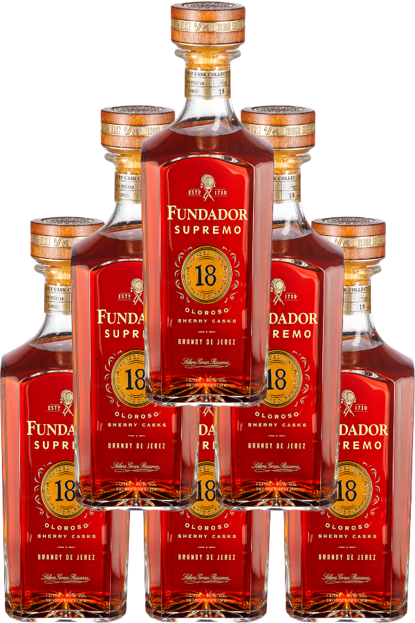 Fundador Brandy De Jerez Supremo 18 Year Aged Amontillado Sherry Casks Solera Gran Reserva 1L Bottles Set
