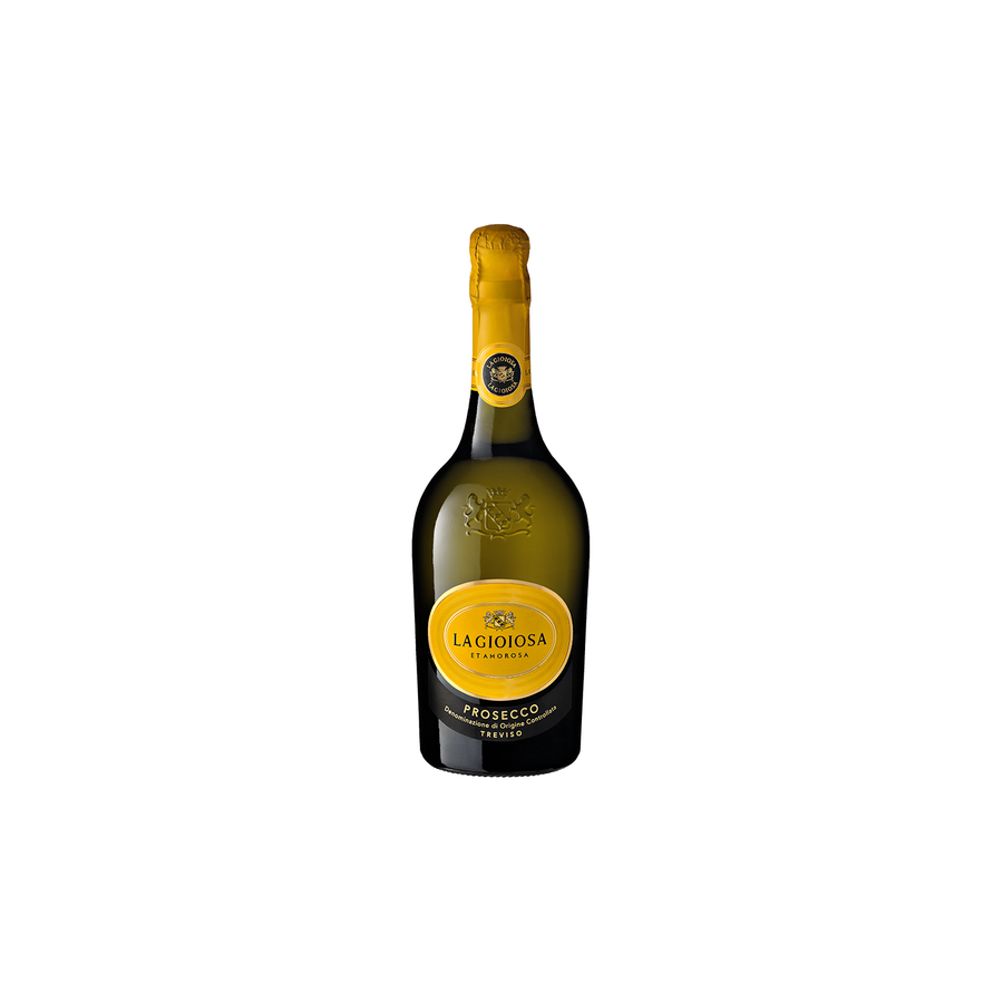 La Gioiosa Prosecco Treviso Brut 750 ML sparkling wine with fresh green apple and pear aromas in a clear bottle