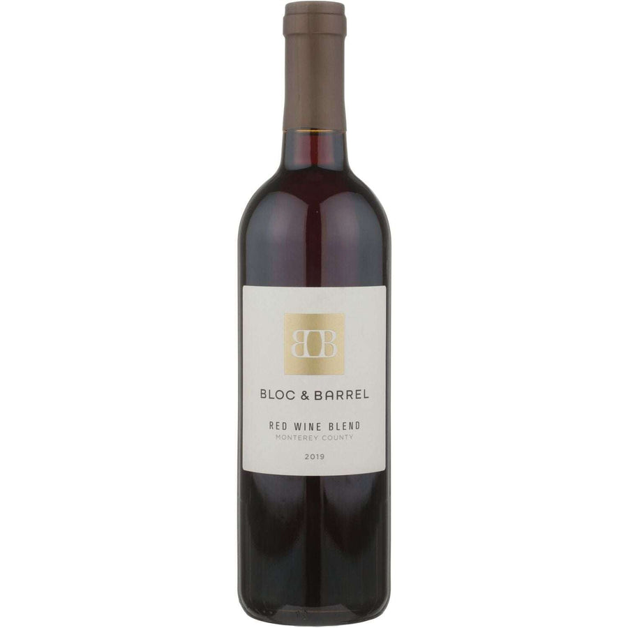Bloc & Barrel Red Wine Blend Monterey County 2019 bottle with label featuring minimal design and gold logo on neutral background.