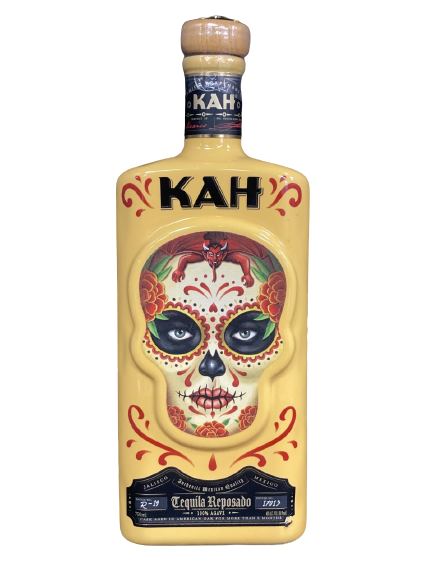Kah Reposado Tequila bottle with Day of the Dead skull design, 750 ML.