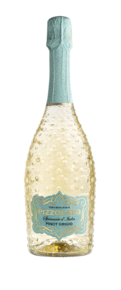 Pizzolato Muse Sparkling Pinot Grigio in a decorative Tiffany blue bottle.