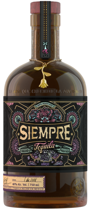 Siempre Anejo Tequila 750 ML bottle with ornate label and amber aged tequila inside