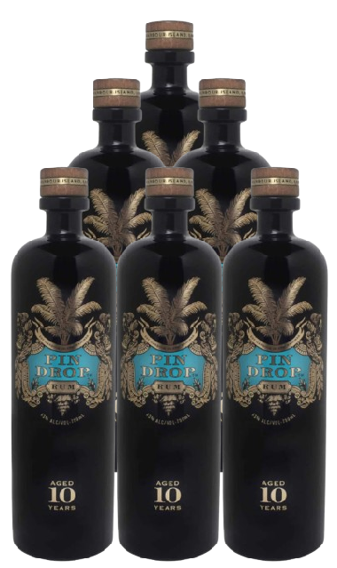 Pin Drop Caribbean 10 year Rum 750 ML six bottles with deep amber hue and rich aroma