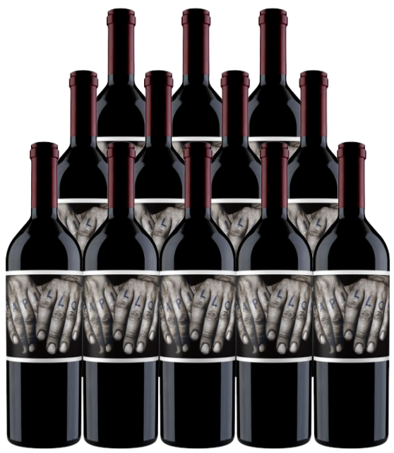 Twelve bottles of Orin Swift Papillon Napa Valley 2022 red wine with distinctive hand label design.